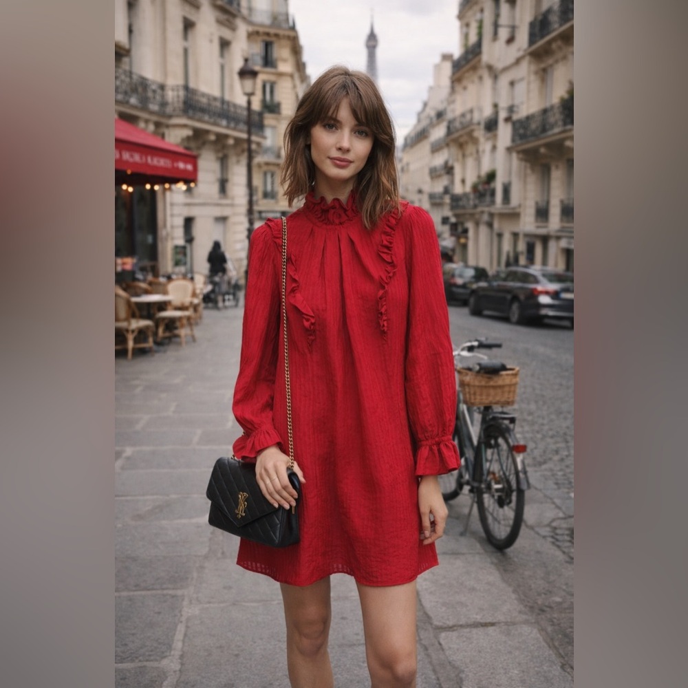 Tara Jarmon Ruffle long sleeve peasant dress Red